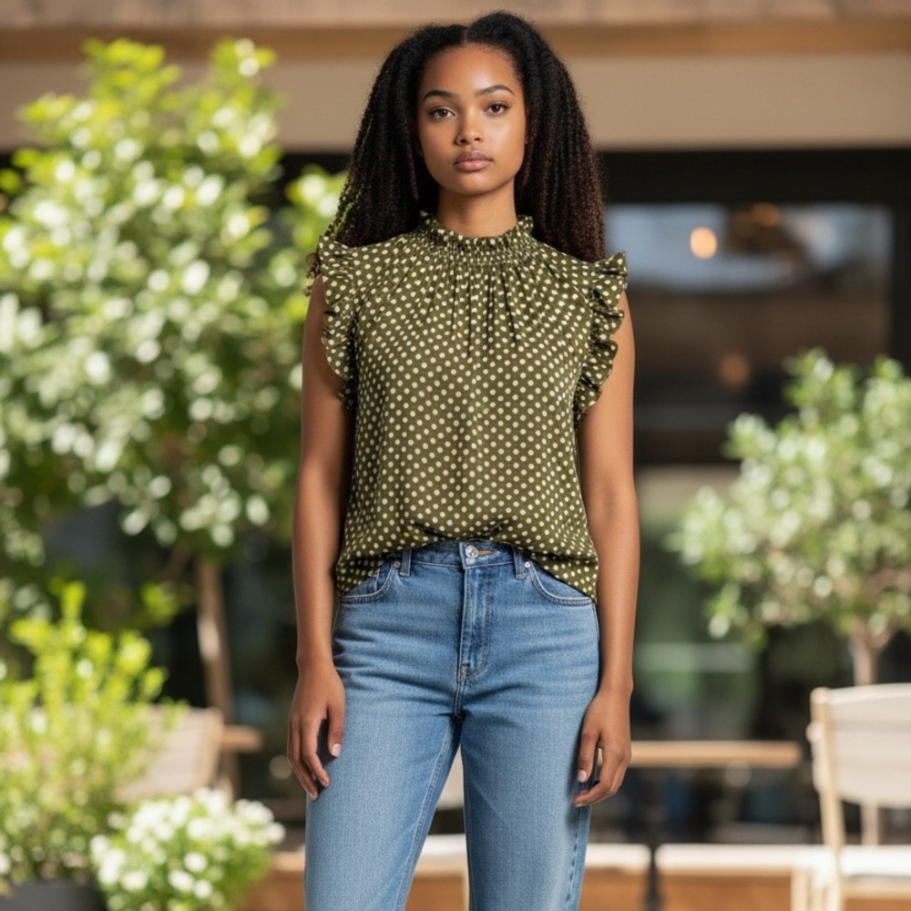 Zimmermann Polka Dot Ruffle Neck Sleeveless Blouse | Olive Green | NWT